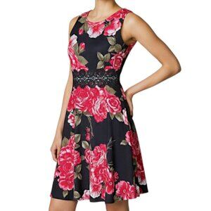 HOMEYEE Red and Black Floral Sleeveless Cocktail A-Line Embroidery Dress Size M